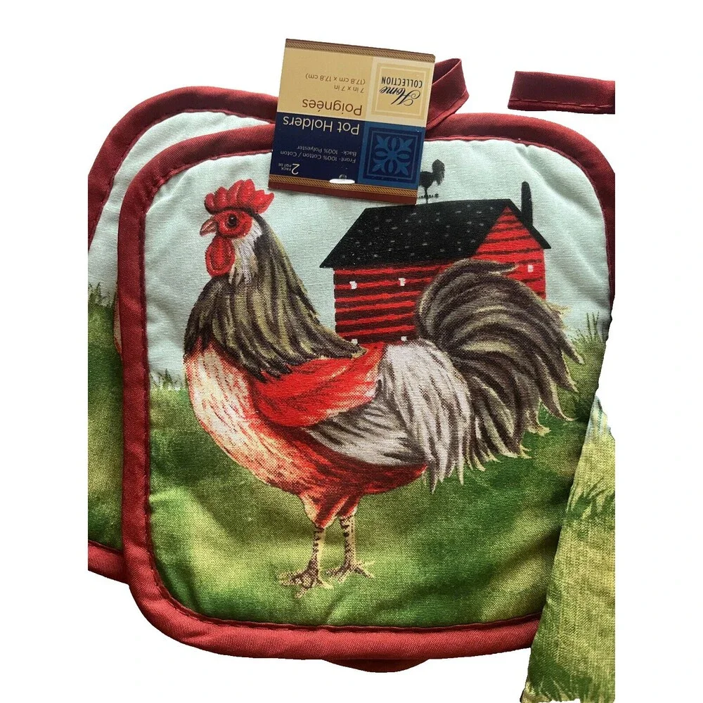 Rooster Chicken Oven Mitt Potholder Country Rustic Barn 100% Cotton Set of 3